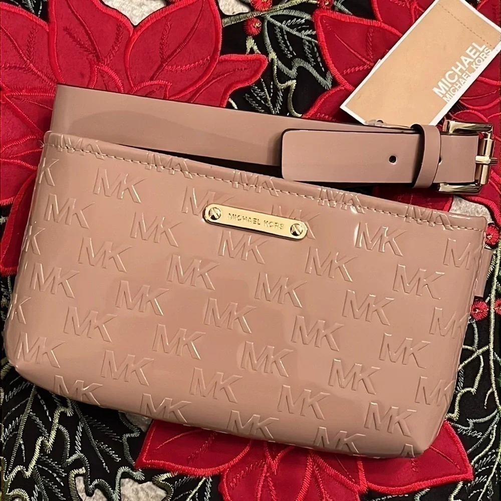 Brand New Michael Kors Logo Debossed Zippered Belt Bag in Fawn Shiny Neutral